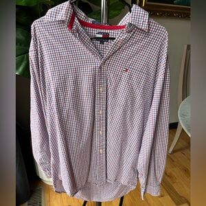 Tommy Hilfiger Men's Red White Blue Plaid Button Down Cotton Shirt Sz L